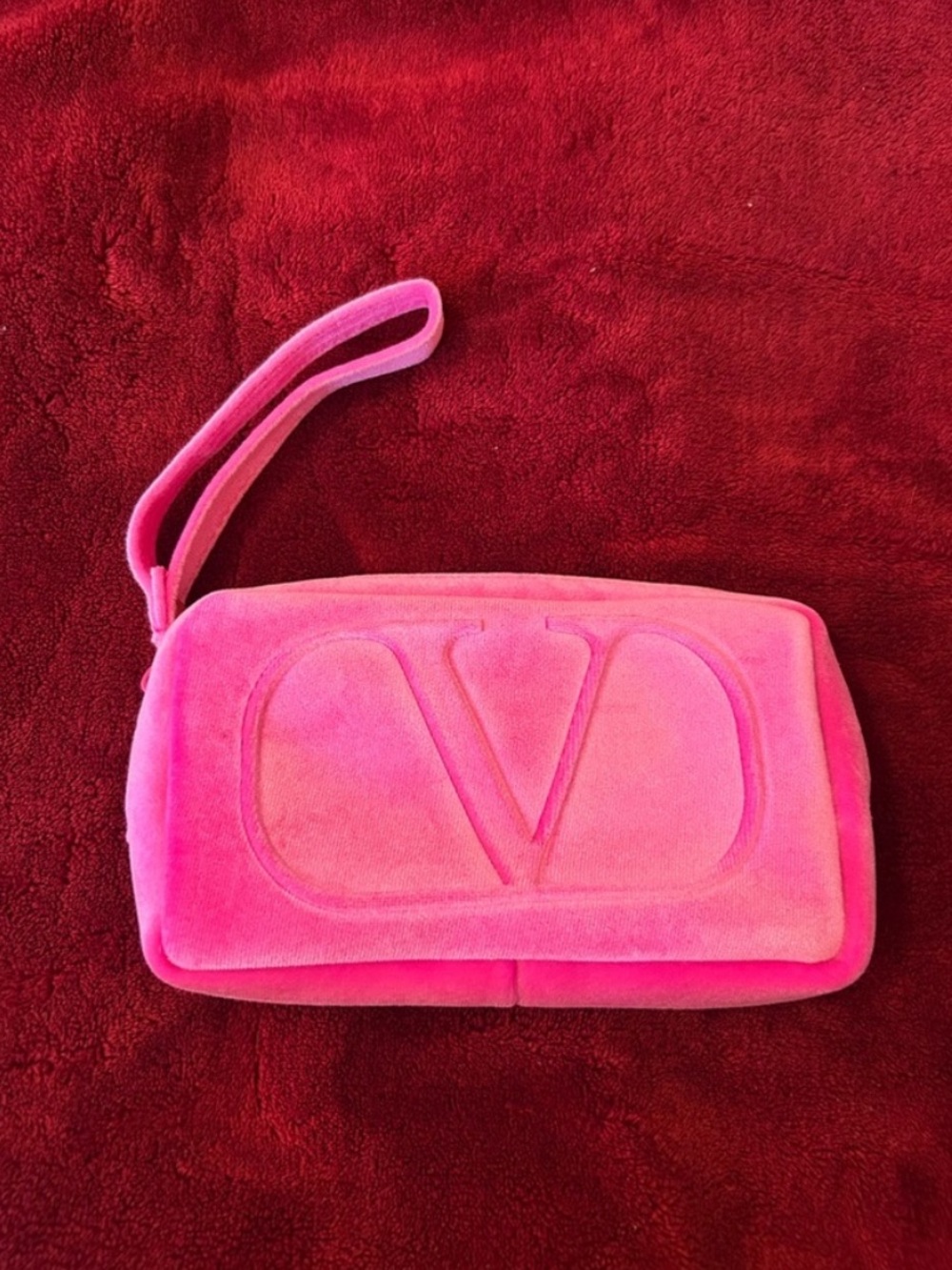 Valentino Pink Suede Embossed V Cosmetic Pouch